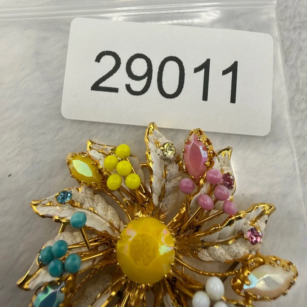 Vintage Rhinestone Flower Brooch Multicolor Enamel Gold Tone
